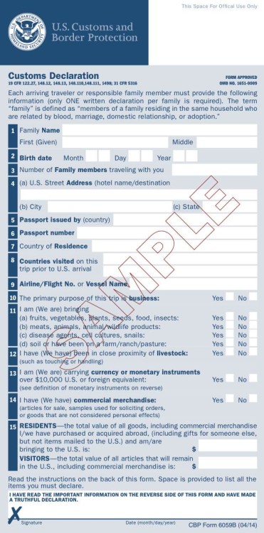 Sample USA Customs Form Front
